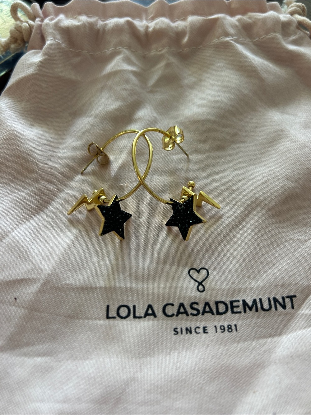 Gold Hoop Earrings with Black Star Charms
